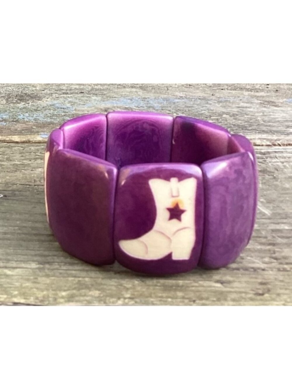 Wide Purple Tagua Panel Stretch Bracelet Carved Cowboy Boot Motif Festival Wear - Picture 4 of 6